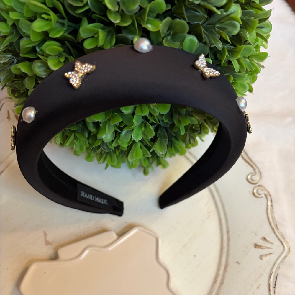 Black Fabric Headband with Pearl and Gold Accents